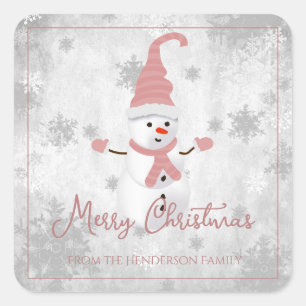 ピンクかわいい雪だるまクリスマスステッカー スクエアシール