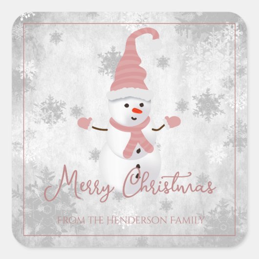 ピンクかわいい雪だるまクリスマスステッカー スクエアシール (正面)