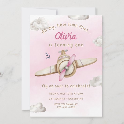 ピンクかわいい飛行機ああ私のタイムフライガール誕生日 招待状 (正面)