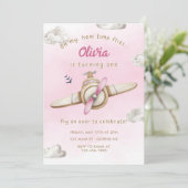 ピンクかわいい飛行機ああ私のタイムフライガール誕生日 招待状 (スタンド正面)