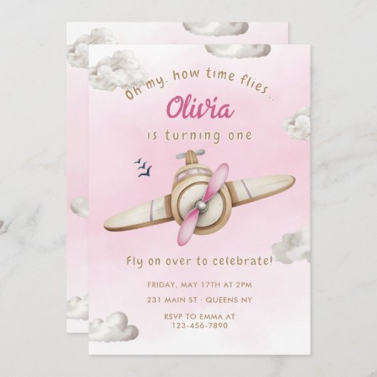 ピンクかわいい飛行機ああ私のタイムフライガール誕生日 招待状 (正面/裏面)