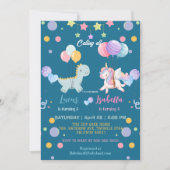 ピンクかわいい魔法のユニコーン恐竜の誕生日パーティー 招待状 (正面)