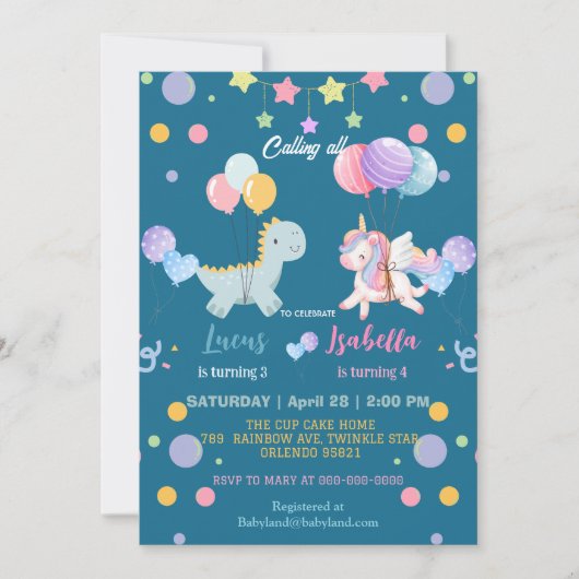 ピンクかわいい魔法のユニコーン恐竜の誕生日パーティー 招待状 (正面)