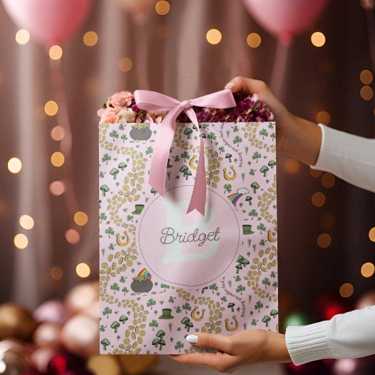 ピンクかわいいn'曲線シャムロックベビー名St patricks ミディアムペーパーバッグ