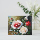 ピンクかわいらしがかった白いバラの油絵 (スタンド正面)