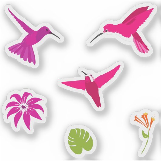 ピンクかわいらしがかった紫色のハミングバードと花 シール (正面)