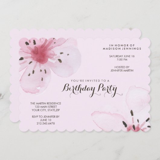 ピンクかわいらしさくらんぼの花の誕生パーティー 招待状 (正面/裏面)