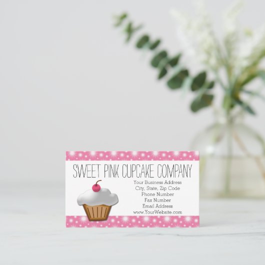 ピンクかわいらしさくらんぼカップケーキベーカリー 名刺 (スタンド正面)