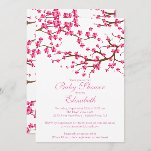 ピンクかわいらしさくらんぼフローラ赤ちゃんシャワー 招待状 (正面/裏面)