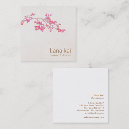 ピンクかわいらしさくらんぼ花フローラ花広場 スクエア名刺 (正面/裏面)