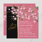 ピンクかわいらしさくらんぼ花赤ちゃんシャワー 招待状 (正面/裏面)