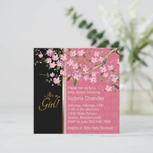 ピンクかわいらしさくらんぼ花赤ちゃんシャワー 招待状 (スタンド正面)