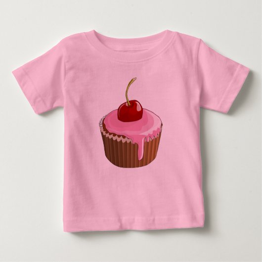ピンクかわいらしつや消しカップケーキとさくらんぼ ベビーTシャツ (正面)