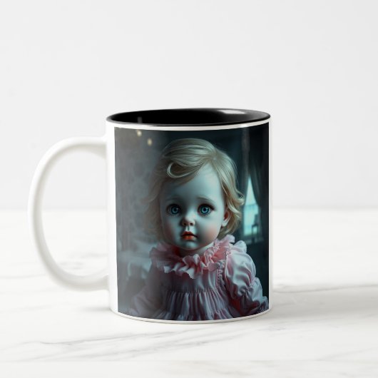 ピンクかわいらしで金髪の人形(1恋しく思月) ツートーンマグカップ (左)