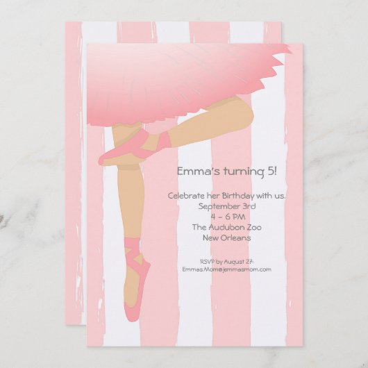 ピンクかわいらしで。チャイルドバレリーナ誕生日パーティー 招待状 (正面/裏面)