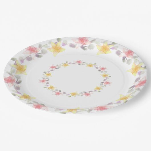 ピンクかわいらしとイエローリリーのフローラパーティー ペーパープレート (アングル)