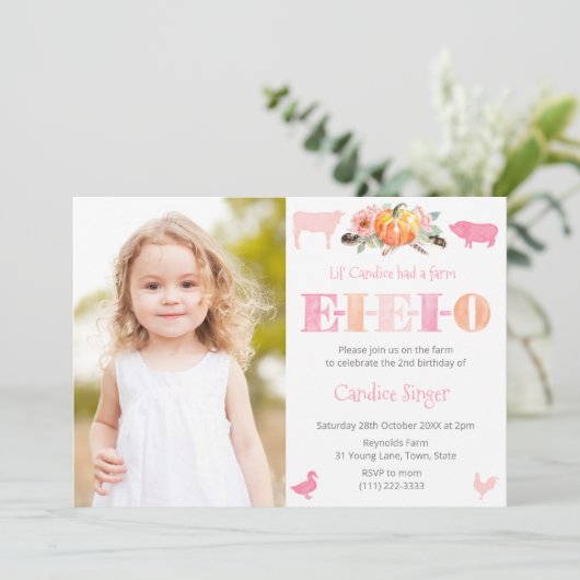 ピンクかわいらしとカボチャのファームガールバースデーパーティー 招待状 (スタンド正面)
