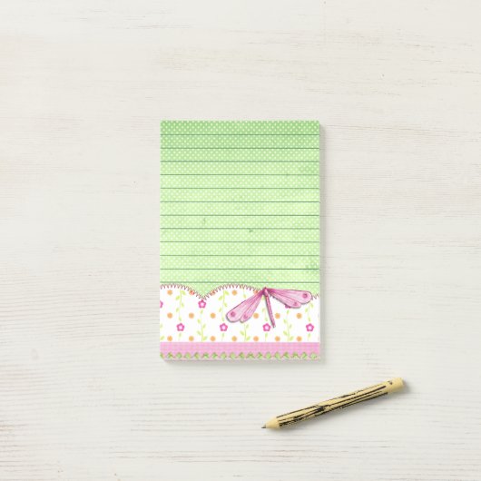 ピンクかわいらしとグリーンのフローラとトンボ ポストイット (デスク上)