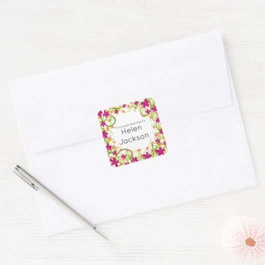 ピンクかわいらしとグリーンのフローラの書籍名シール スクエアシール (封筒)