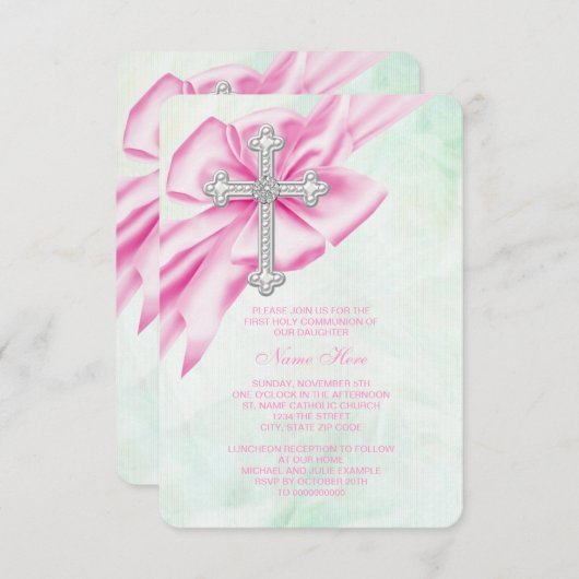 ピンクかわいらしとグリーンの第1聖餐式 招待状 (正面/裏面)