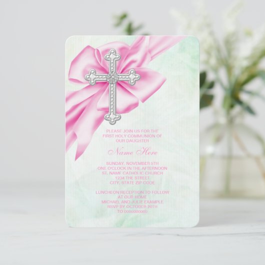 ピンクかわいらしとグリーンの第1聖餐式 招待状 (スタンド正面)