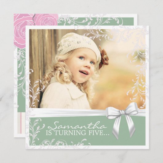 ピンクかわいらしとグリーンの誕生日パーティーの招待 招待状 (正面/裏面)