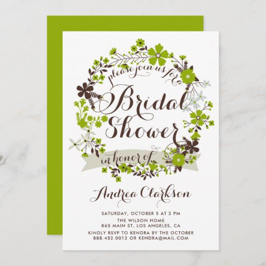 ピンクかわいらしとグレーのフローラリースブライダルシャワー 招待状