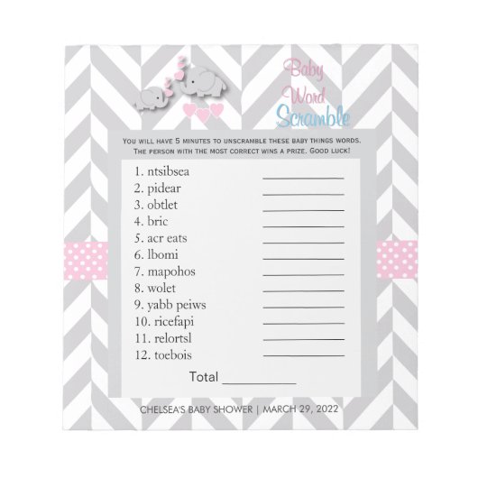 ピンクかわいらしとグレーの象の赤ちゃんシャワーのスクランブル ノートパッド (正面)