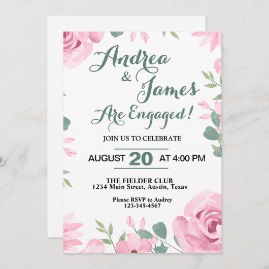 ピンクかわいらしとシーショムグリーン婚約パーティ 招待状 (正面/裏面)