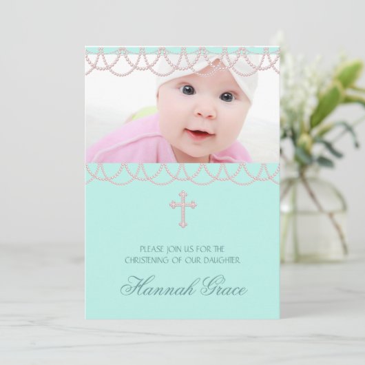 ピンクかわいらしとティール（緑がかった色）ブルーのフォト《キリスト教》洗礼式や命名式 招待状 (スタンド正面)