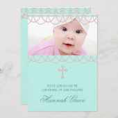 ピンクかわいらしとティール（緑がかった色）ブルーのフォト《キリスト教》洗礼式や命名式 招待状 (正面/裏面)