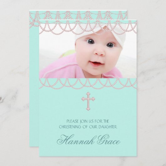 ピンクかわいらしとティール（緑がかった色）ブルーのフォト《キリスト教》洗礼式や命名式 招待状 (正面/裏面)