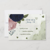 ピンクかわいらしとネイビーブルーの花が緑 出欠カード (正面)