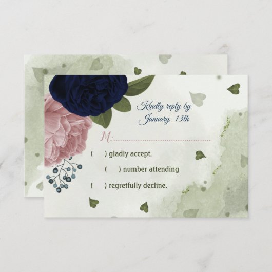 ピンクかわいらしとネイビーブルーの花が緑 出欠カード (正面/裏面)