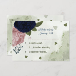 ピンクかわいらしとネイビーブルーの花が緑 出欠カード