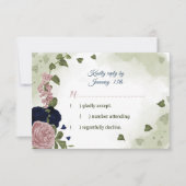 ピンクかわいらしとネイビーブルーの花が緑 出欠カード (正面)