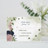 ピンクかわいらしとネイビーブルーの花が緑 出欠カード (スタンド正面)