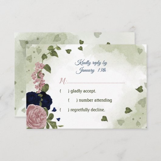 ピンクかわいらしとネイビーブルーの花が緑 出欠カード (正面/裏面)