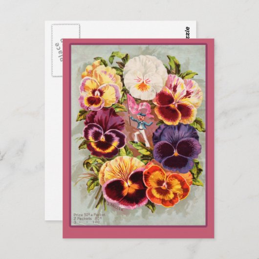 ピンクかわいらしとパープルパンジーヴィンテージアート ポストカード (正面/裏面)