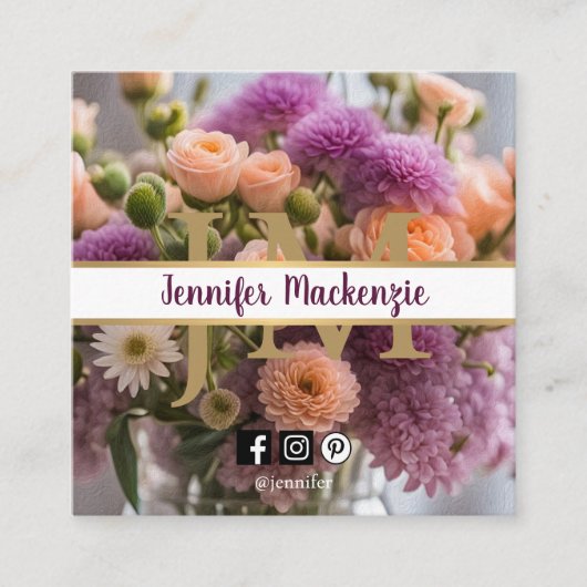 ピンクかわいらしとピーチパープルバラAI生成 スクエア名刺 (正面)