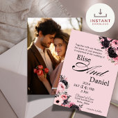 ピンクかわいらしとブラックのフローラ結婚式招待状 シーズンカード