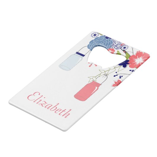 ピンクかわいらしとブルーのフローラとメイソンジャース クレジットカード栓抜き (正面アングル)