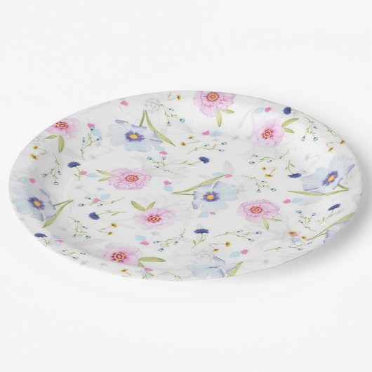 ピンクかわいらしとブルーのフローラルパターン紙プレート ペーパープレート (アングル)