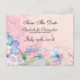 ピンクかわいらしとブルーのフローラ結婚式の日付を保存 案内ポストカード