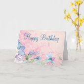 ピンクかわいらしとブルーのフローラ背景誕生日 カード (黄色い花)