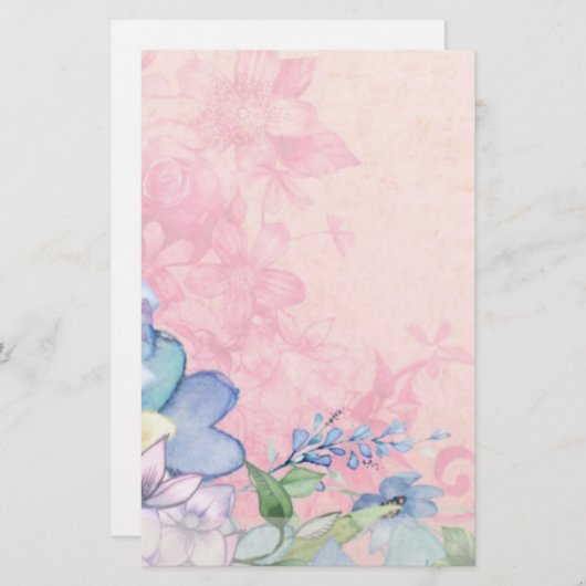 ピンクかわいらしとブルーのフローラ野花 便箋 (正面/裏面)