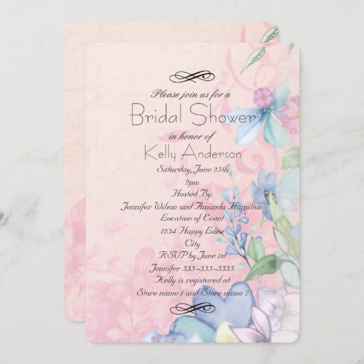 ピンクかわいらしとブルーのワイルドフラワーブライダルシャワー 招待状 (正面/裏面)