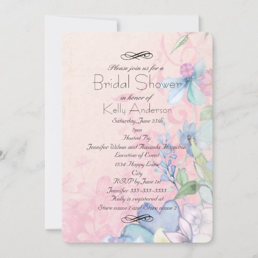 ピンクかわいらしとブルーのワイルドフラワーブライダルシャワー 招待状 (正面)