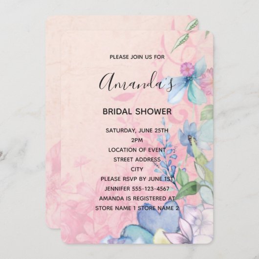 ピンクかわいらしとブルーのワイルドフラワーブライダルシャワー 招待状 (正面/裏面)