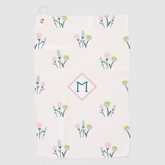 ピンクかわいらしとブルーの春の花モノグラム ゴルフタオル (正面)